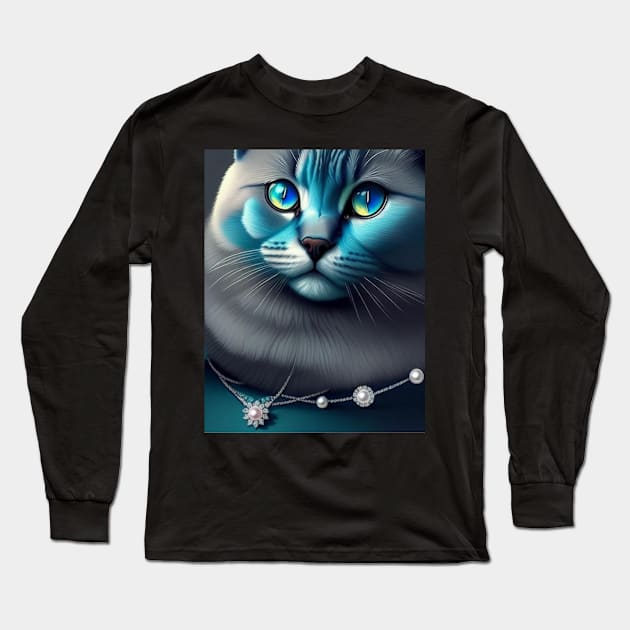 Blue British Cat With Pearls Long Sleeve T-Shirt by Enchanted Reverie